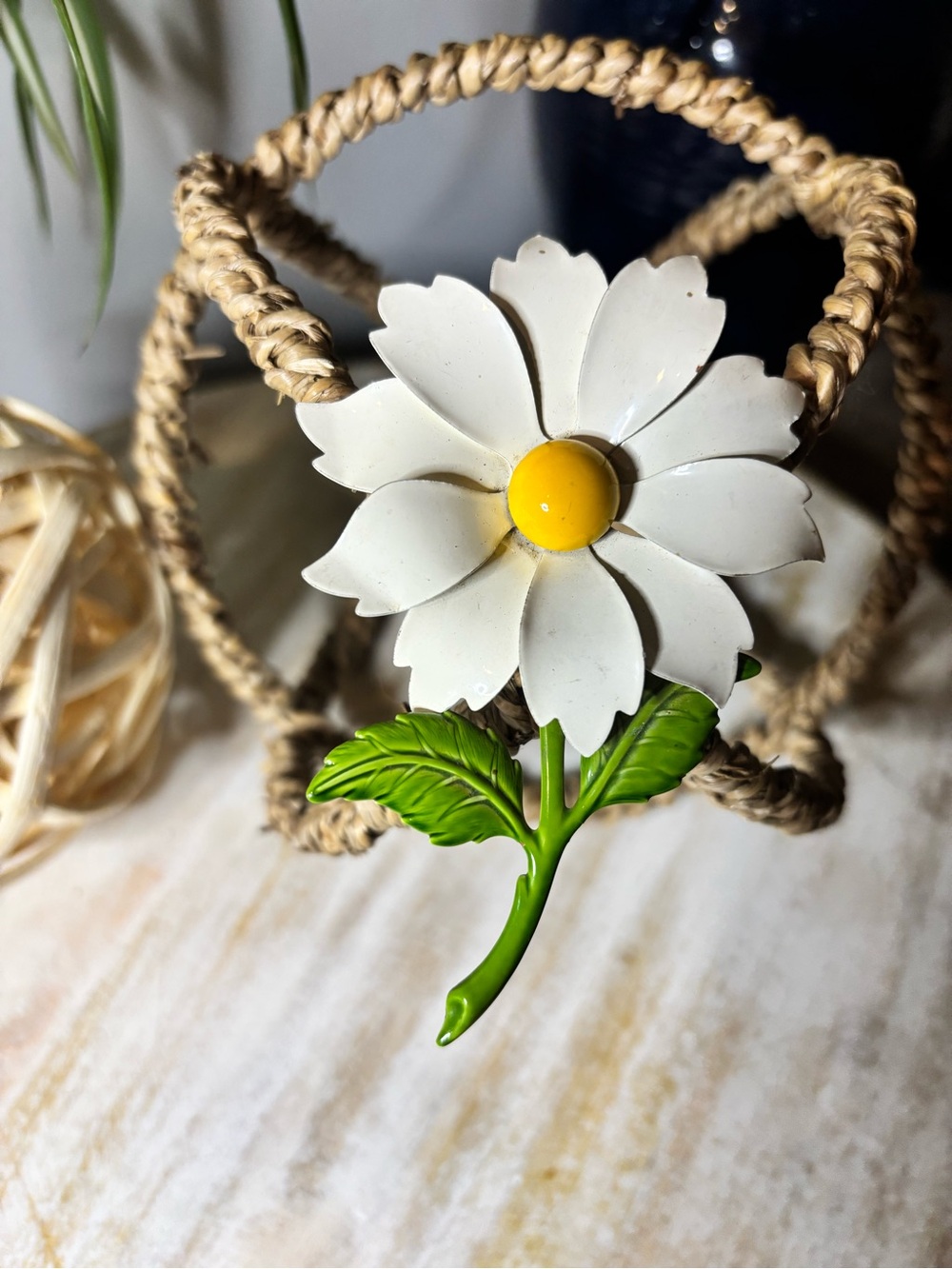 White & Yellow Enamel Daisy Flower Brooch with Green Stem